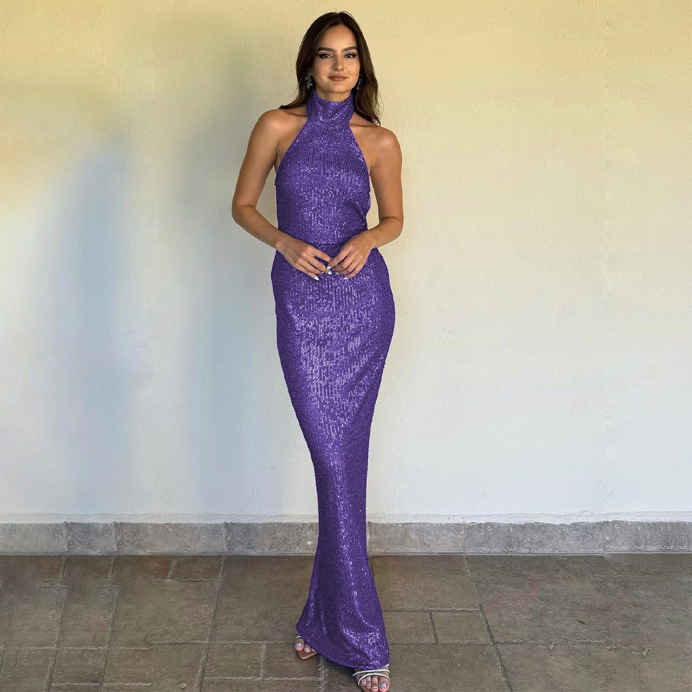 Sommer elegantes, schmales Damenkleid, sexy, rückenfreies, ärmelloses, paillettenbesetztes Etuikleid