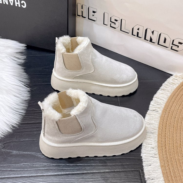 Herbst Winter Damen Plateau Schneestiefel Baumwollschuhe Gebürstetes Futter Runde Zehe Zum Reinschlüpfen Baumwollstiefel