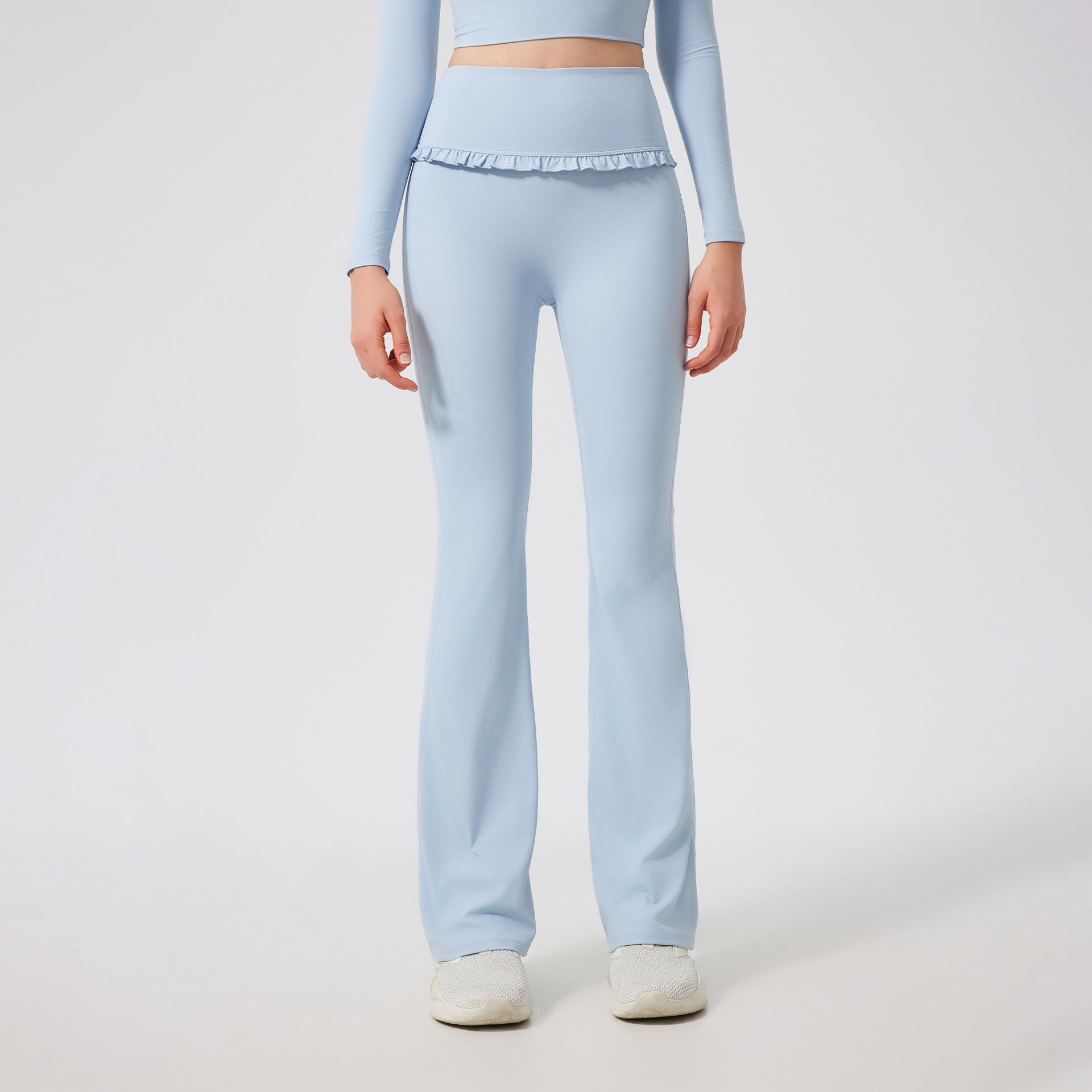 Gerüschte Skinny Yoga Leggings für Damen – High Waist, Schlankmachend, Sportlich, mit ausgestelltem Bein, schmal geschnitten, atmungsaktiv, lässig, Fitnesshose