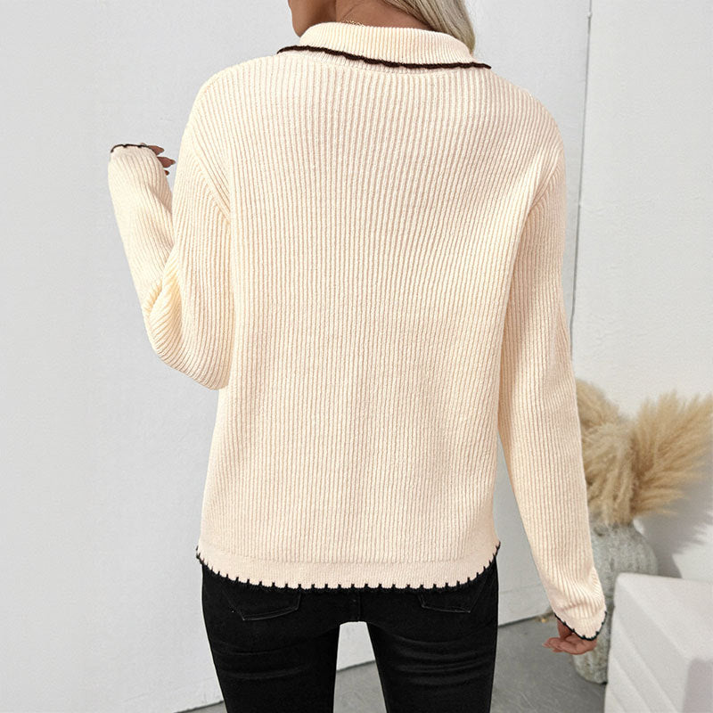 Süßer Chanel Schleife Schnürung Umlegekragen Zierleiste Kontrastfarbener Pullover Damen Cardigan