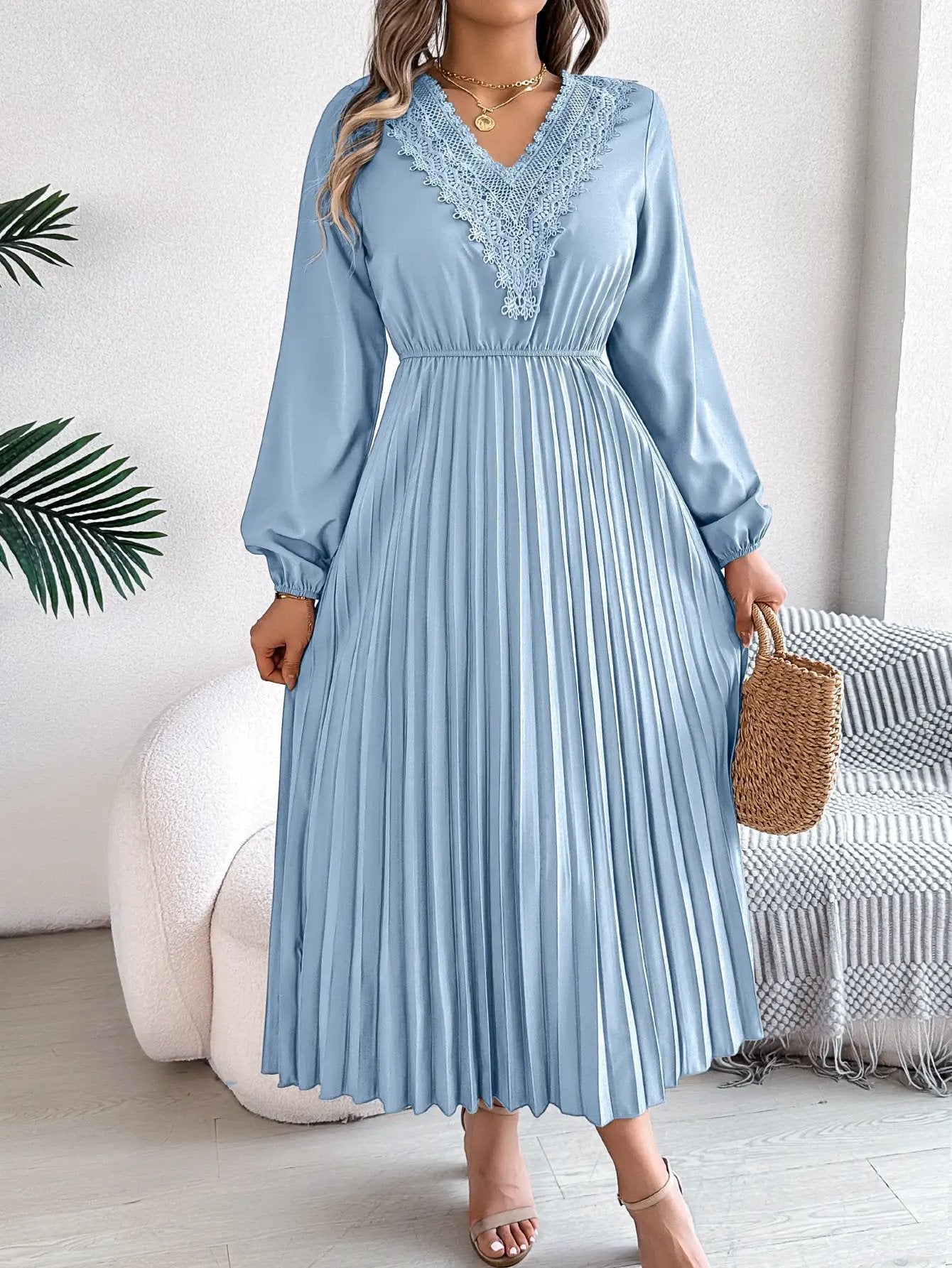Spring Summer Elegant V neck Lace Cinched Pleated Maxi Dress Women Clothing by Wanita Store