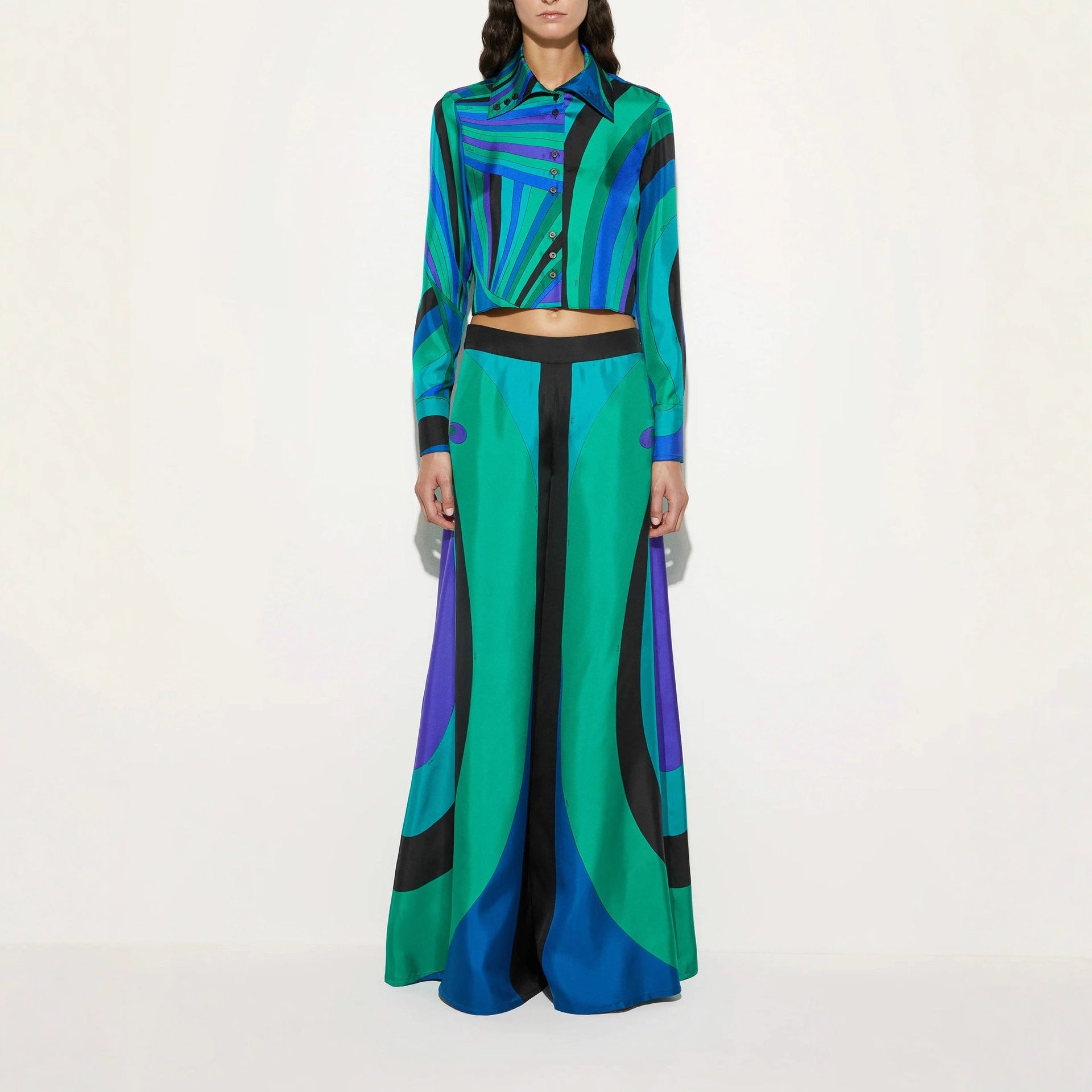 Positioning Printing Satin Long Sleeve Shirt Trousers Wide Leg Pants Two Piece Sets