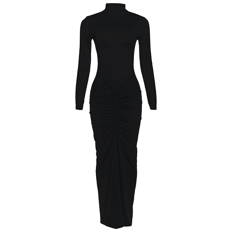 Damenbekleidung Herbst Einfarbig Elegant Schmal Schlankmachend Plissiert Rollkragen Langarm Kleid