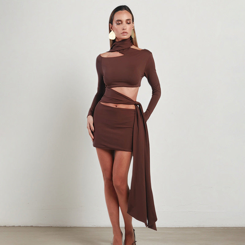 Damenbekleidung Herbst Trägerlos schulterfrei Hohl Cutout Unregelmäßiges Asymmetrisches Kleid