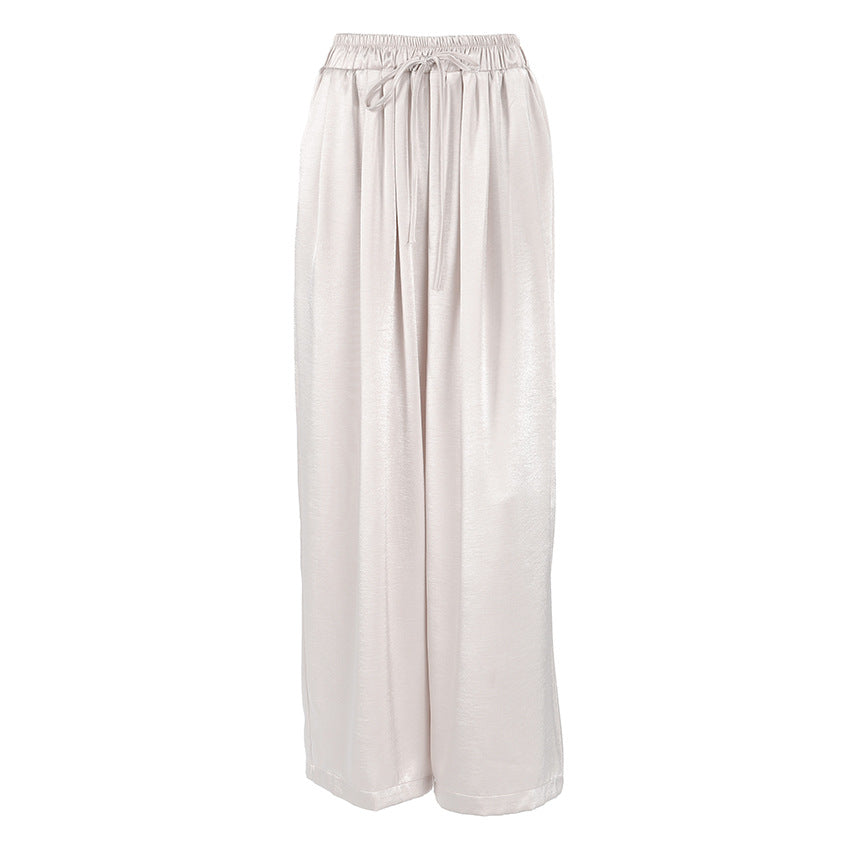 Women Solid Color Satin Imitation Acetate Trousers Women Commuting Elegant High Grade Casual Loose Wide Leg Pants