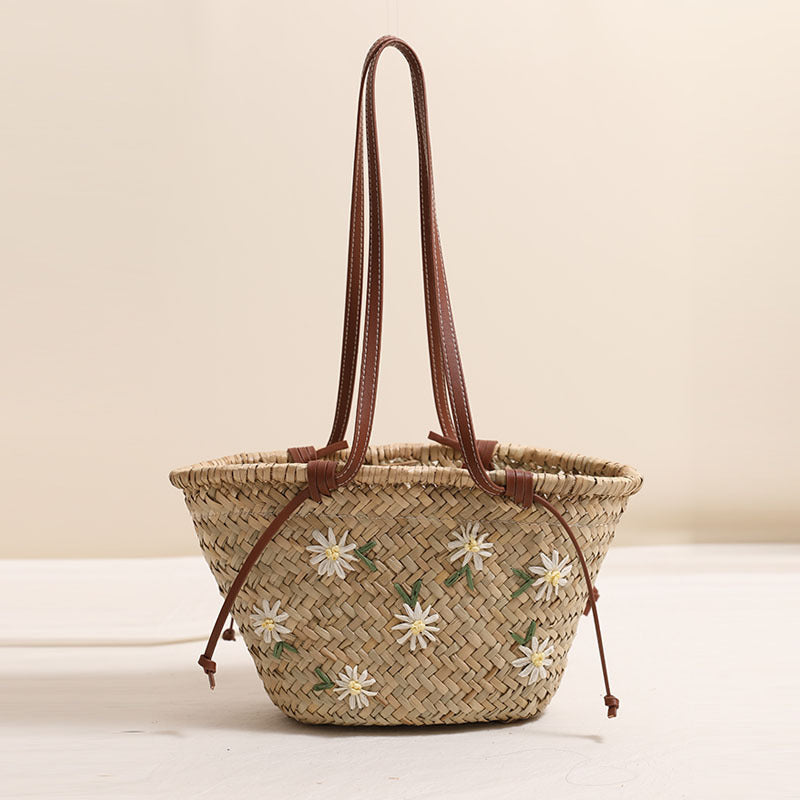 Frische Blumenstickerei Schulter Strohtasche Große Kapazität Mitsubishi Stroh Gewebte Tasche Strandurlaub Strandtasche