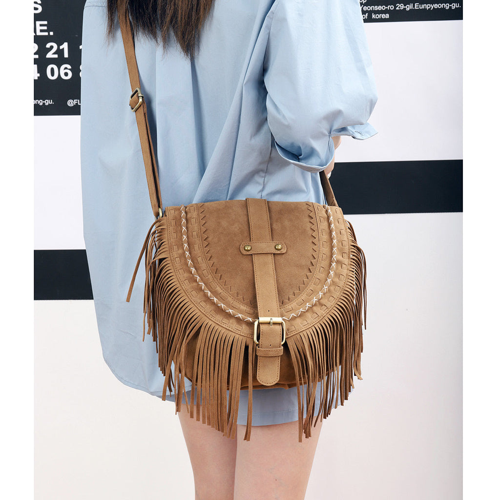 Doppelseitige Wildlederhandtasche mit großer Kapazität und Quasten für Damen – Retro-Khaki-Umhängetasche im Ethno-Stil