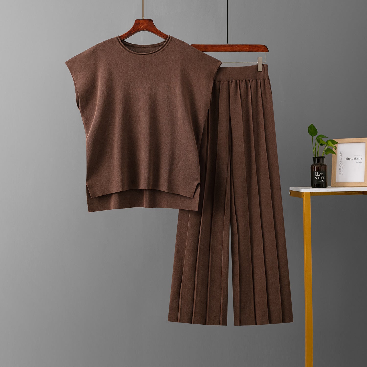 Lässiger Damen Sommer Einfarbig Ärmellos Weste Pullover Weite Hose Eisseide Sets