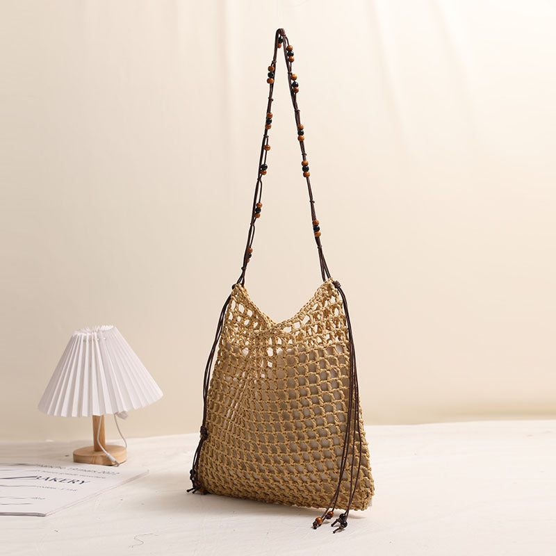 Sommer Strohgewebte Tasche mit Schnürmuster, geeignet für Damen, Strandurlaub, Strandtasche