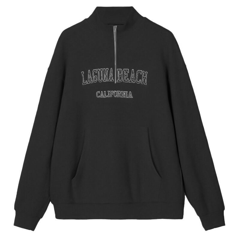 Lässiger Damen-Frühlings-Pullover mit Buchstaben-Stickerei und Reißverschluss, locker geschnitten