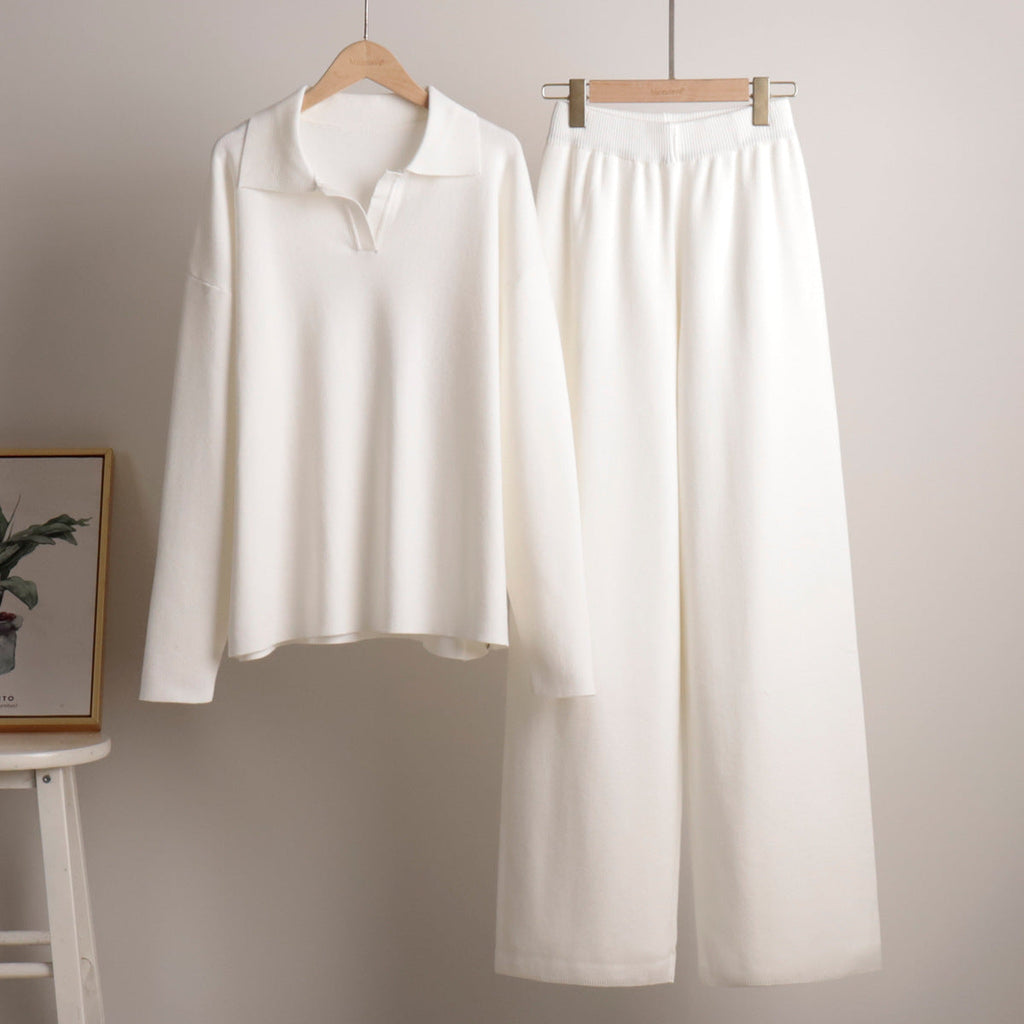 Knitting Suit Autumn Winter Sweater Polo Collar Knitted Pullover Wide Leg Trousers Two Piece Set