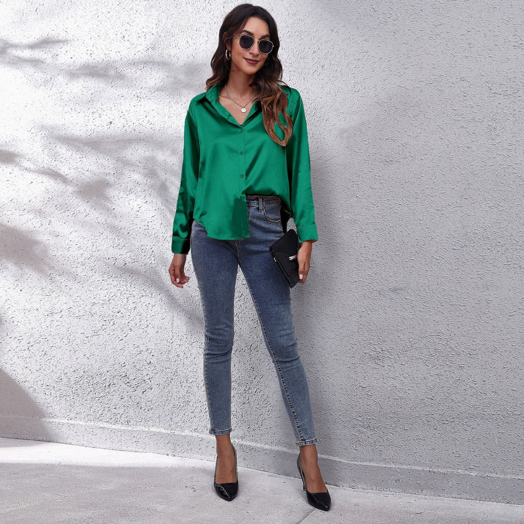 Satinhemd Damen Satin Kunstseide Langarmshirt