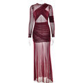 Sexy Mesh Transparenz Maxikleid Lange Ärmel Sexy Plissiertes Slim Fit Kleid