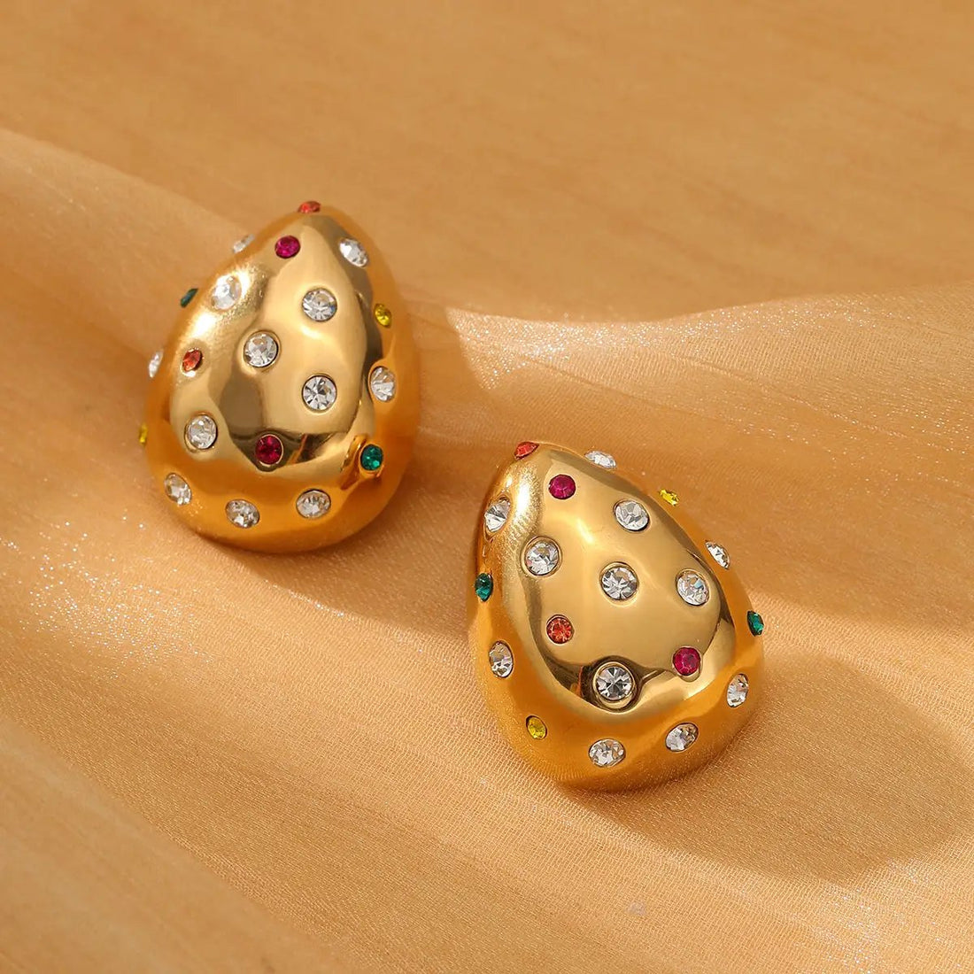 18K Gold Chubby Water Drop Stainless Steel Earrings Women Fashionable Diamond-Embedded Titanium Steel Ear Studs Earrings by Wanita Store