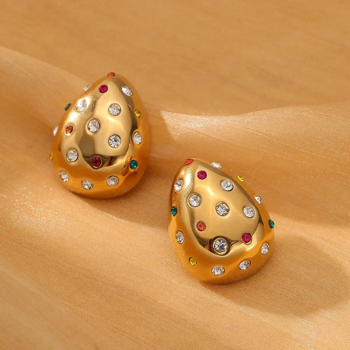 18K Gold Chubby Water Drop Stainless Steel Earrings Women Fashionable Diamond-Embedded Titanium Steel Ear Studs Earrings by Wanita Store