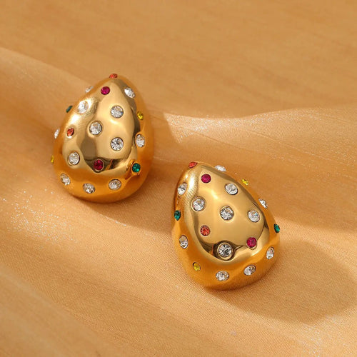 18K Gold Chubby Water Drop Stainless Steel Earrings Women Fashionable Diamond-Embedded Titanium Steel Ear Studs Earrings by Wanita Store