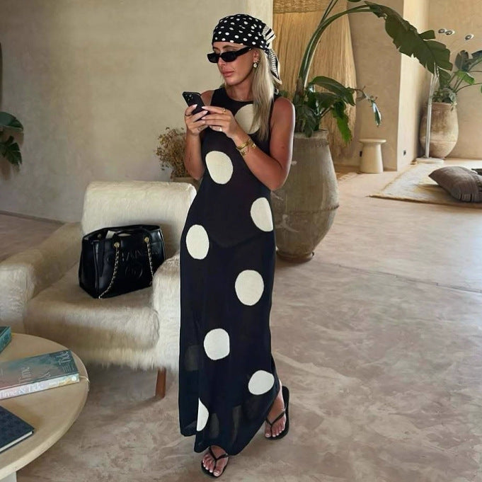 Herbst Winter Polka Dot Lässiges Schlankheitsstrick Maxikleid Böhmisches Strand-Durchsichtig-Kleid Damen