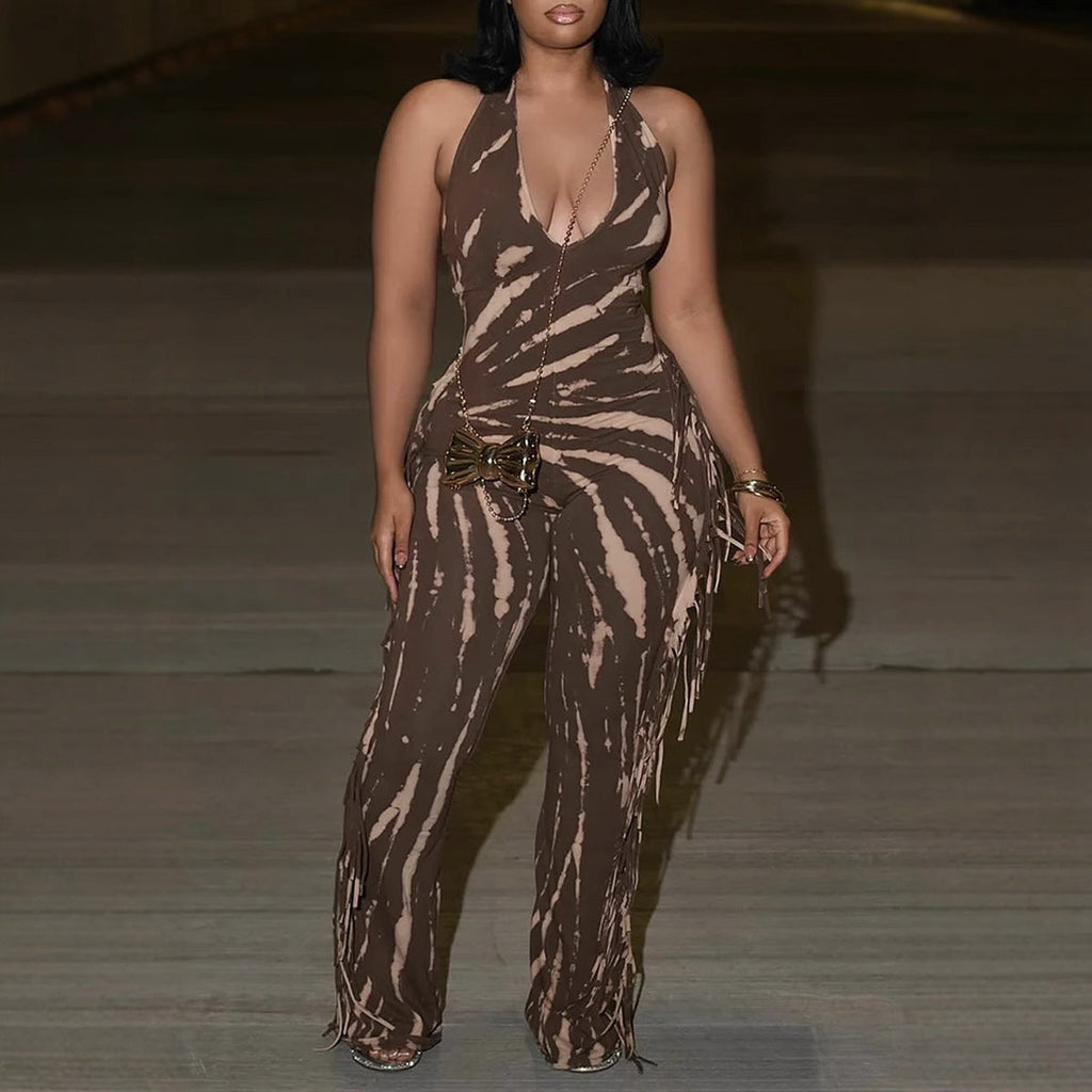 Eleganter, sexy, schmal geschnittener Stretch-Overall mit rückenfreiem Quasten-Print und Neckholder-Trägern