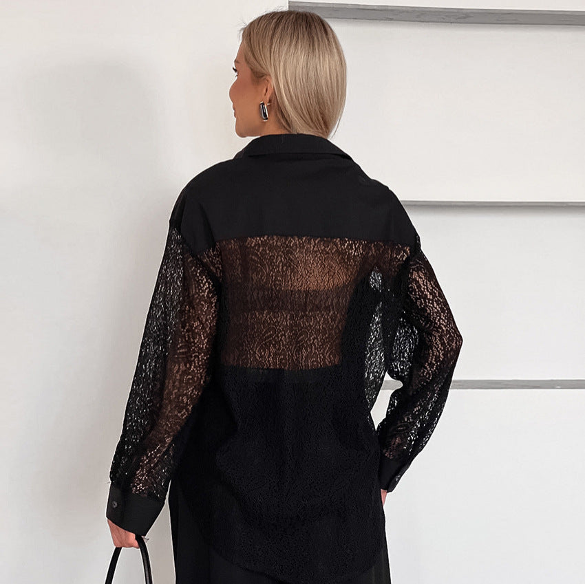 Spring Lace Stitching Hollow Out Cutout Backless Design Long Sleeve Collared Office Shirt for Women