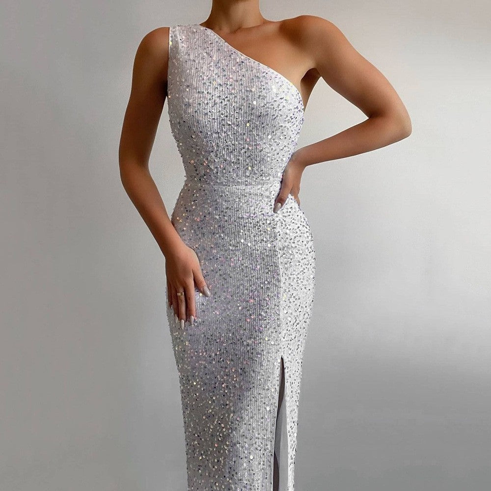 Damenbekleidung Pinkes Schlitzkleid One Shoulder Paillettenkleid