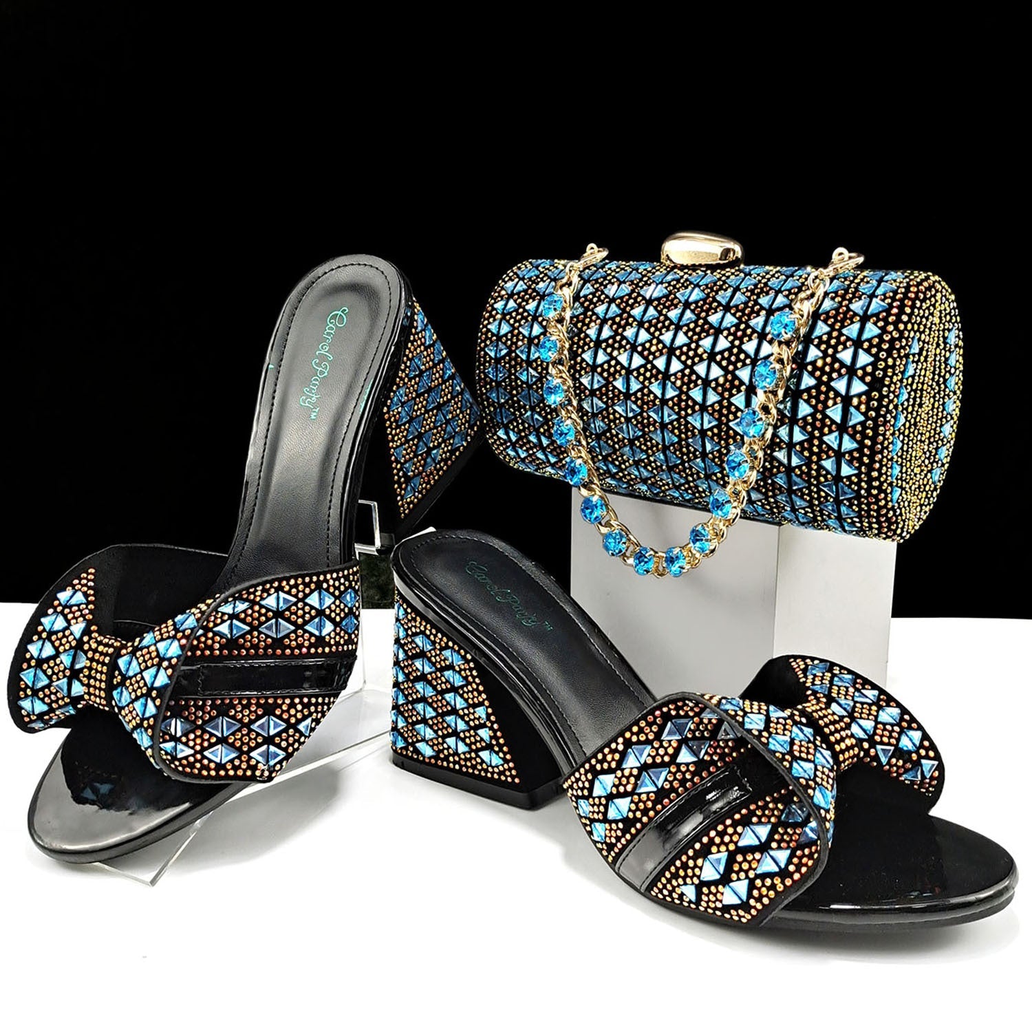 Damenschuhe Taschen Zweiteilige Sets Sommer Mund High Heel Pantoletten Farblich Passende Strass Verzierte Zylindertasche Casual