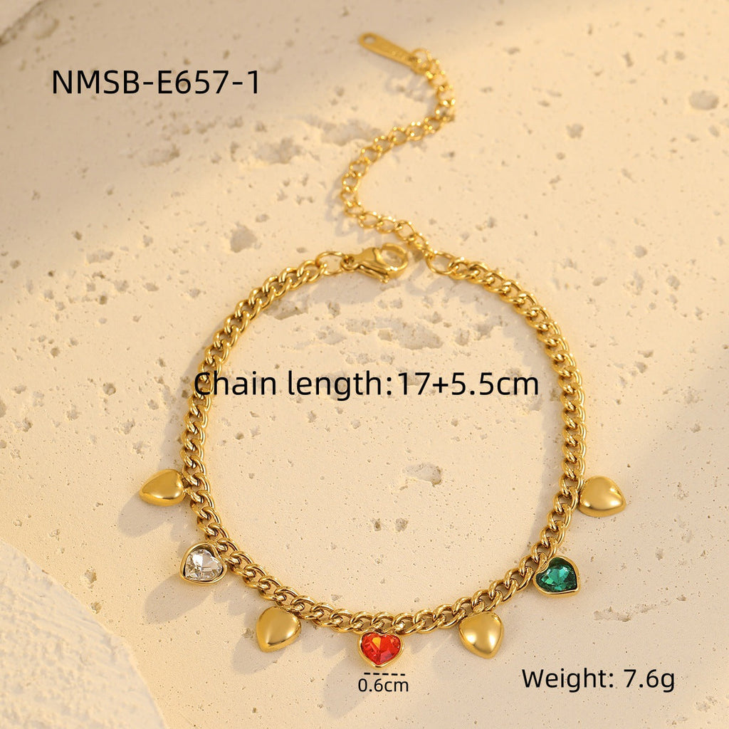 Classic All Match Stainless Steel Bracelet High Grade Colored Loving Heart Geometric Abstract Rhinestone Tassel Titanium Steel Jewelry