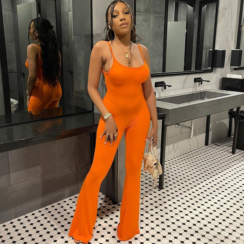 Damen Kleidung Frühling Sexy U-Ausschnitt Rückenfrei Schmal Geschnitten Einfarbig Trägerloser Jumpsuit