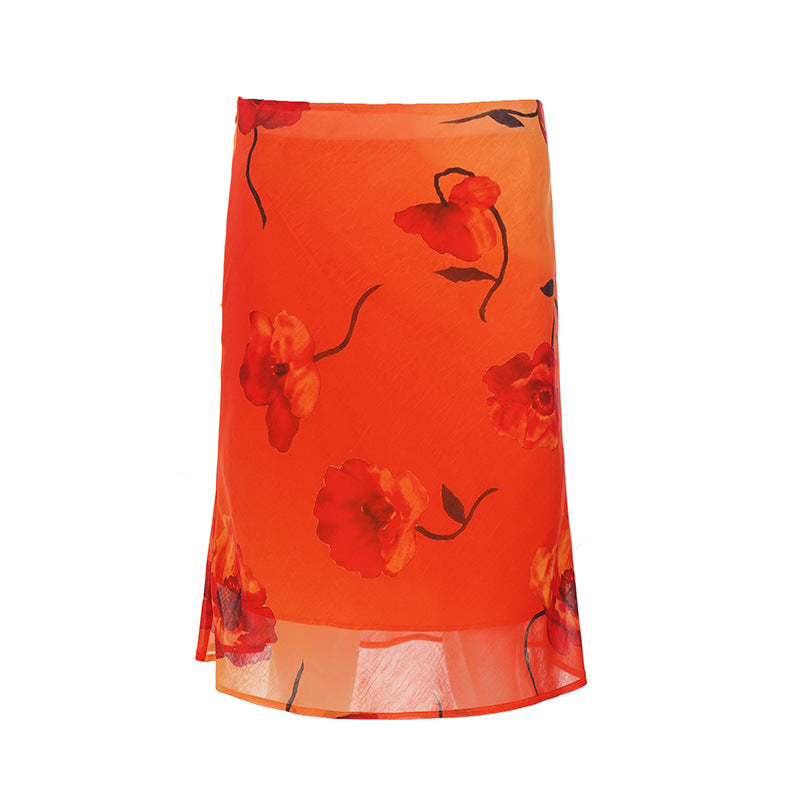 Chinese Retro Floral Print Rendering Contrast Color Sheath Skirt Vacation Chiffon Mesh Midi Skirt