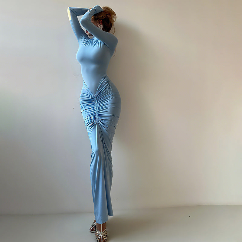 Damenbekleidung Herbst Einfarbig Elegant Schmal Schlankmachend Plissiert Rollkragen Langarm Kleid