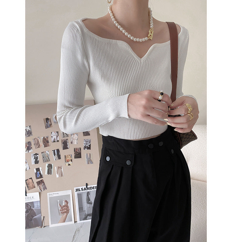 Blütenkragen kurzer Pullover für Damen Herbst Schmal geschnittener Schlüsselbein-Bottoming-Shirt