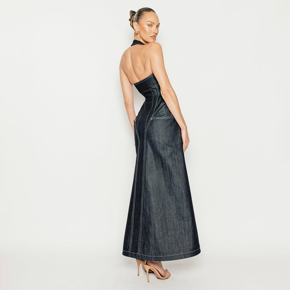Elegant Solid Color Sleeveless Halter Slim Fit Backless Sheath Dress Denim Summer