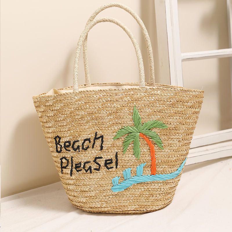 Kokosnuss-Stickerei Schulterstrohtasche Buchstaben Handtasche Gewebte Tasche Urlaub Strandtasche Große Kapazität Rattantasche