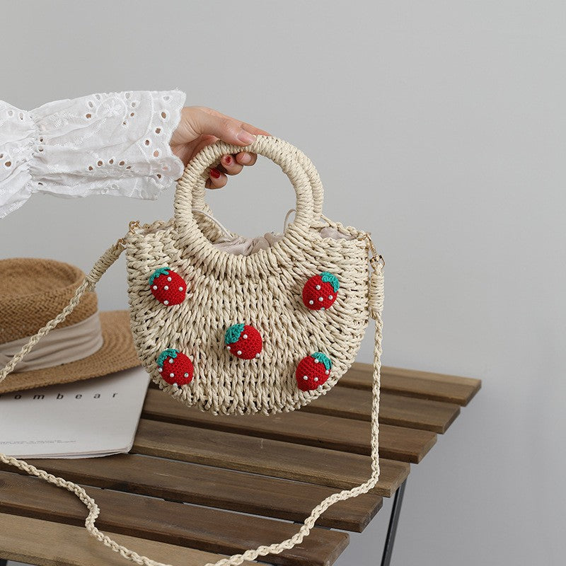 Niedliche Kirsch-Frisch-Stroh-Tasche, gewebter Shopper, Erdbeer-Umhängetasche, Urlaubs-Strandtasche