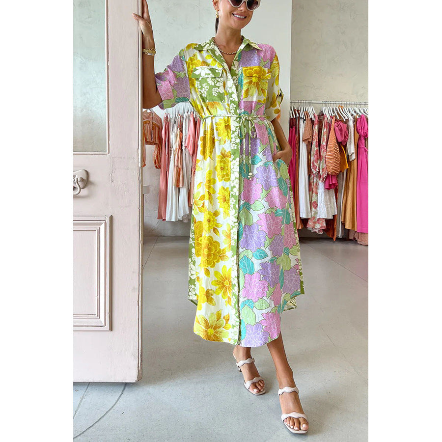 Spring Summer Loose Vacation Dress Casual Short Sleeve Lace up Pocket Dress