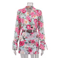 Women Clothing Digital Printing Skirt Collared Long Sleeve Top High Waist Short Skirt Two Piece Sets