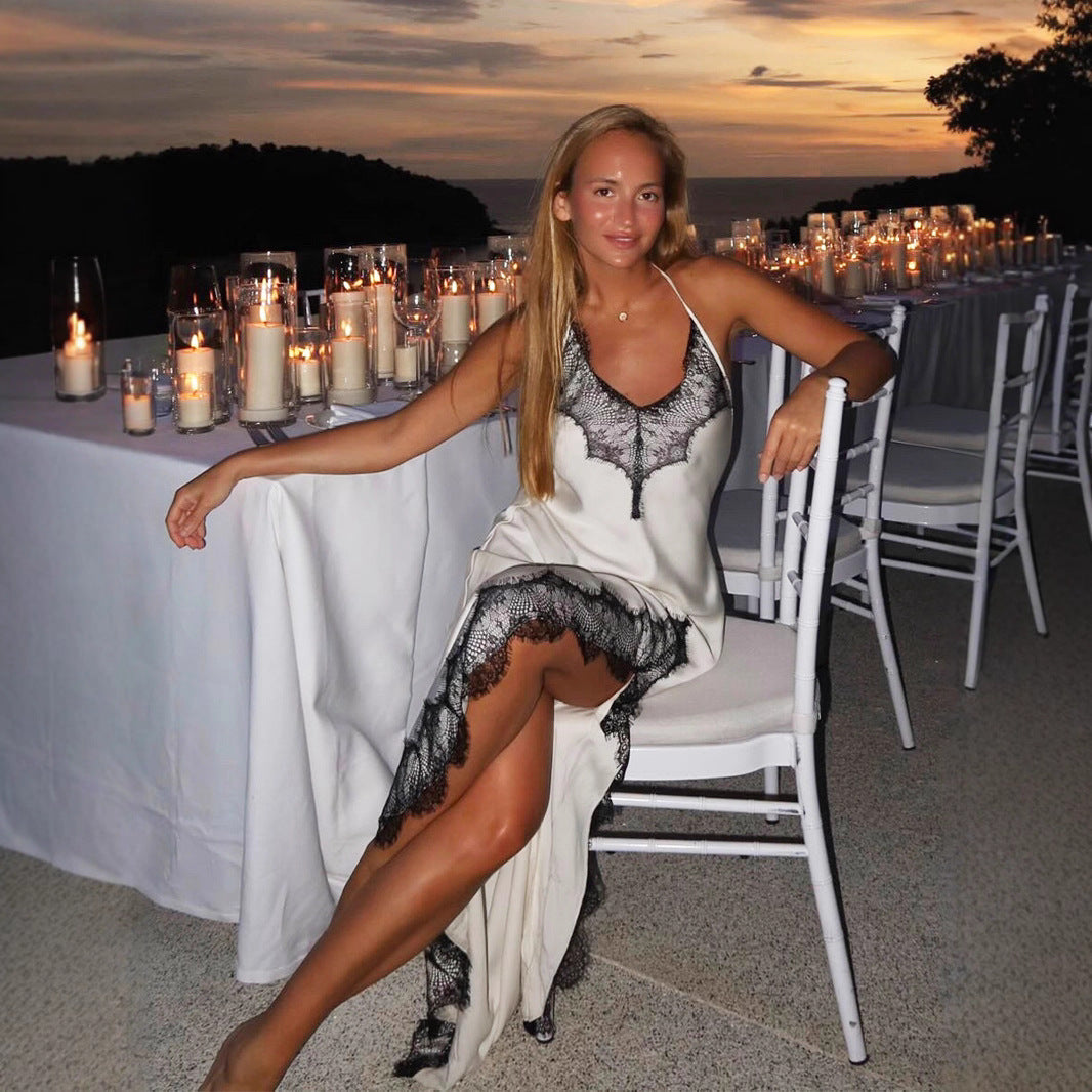 Spitzen-Spaghettiträger-Maxikleid Sommer Künstliche Seide Sexy Schlitz Naht Spitzenkleid Damen