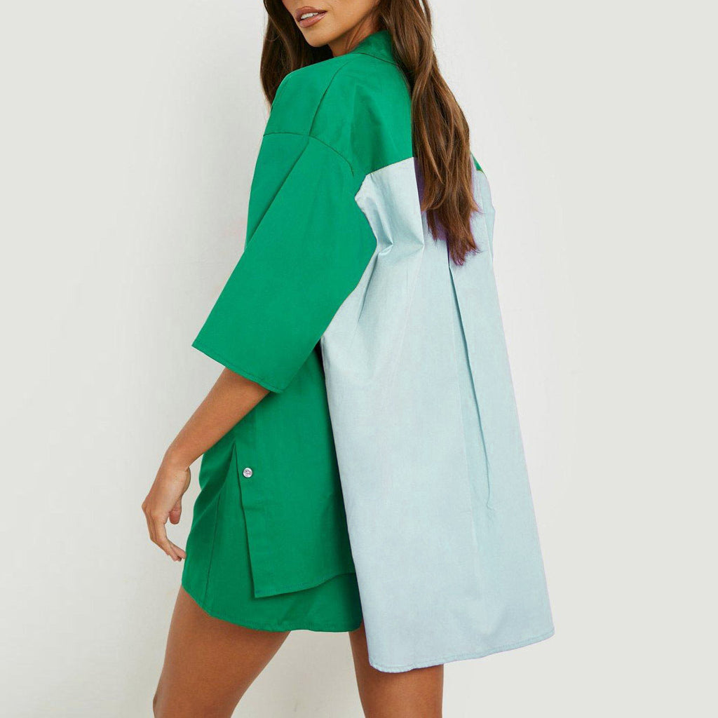 Spring Summer Casual Set Women Color Matching Super plus Size Half Length Sleeve Shirt Top Elastic Waist Shorts Two Piece Set