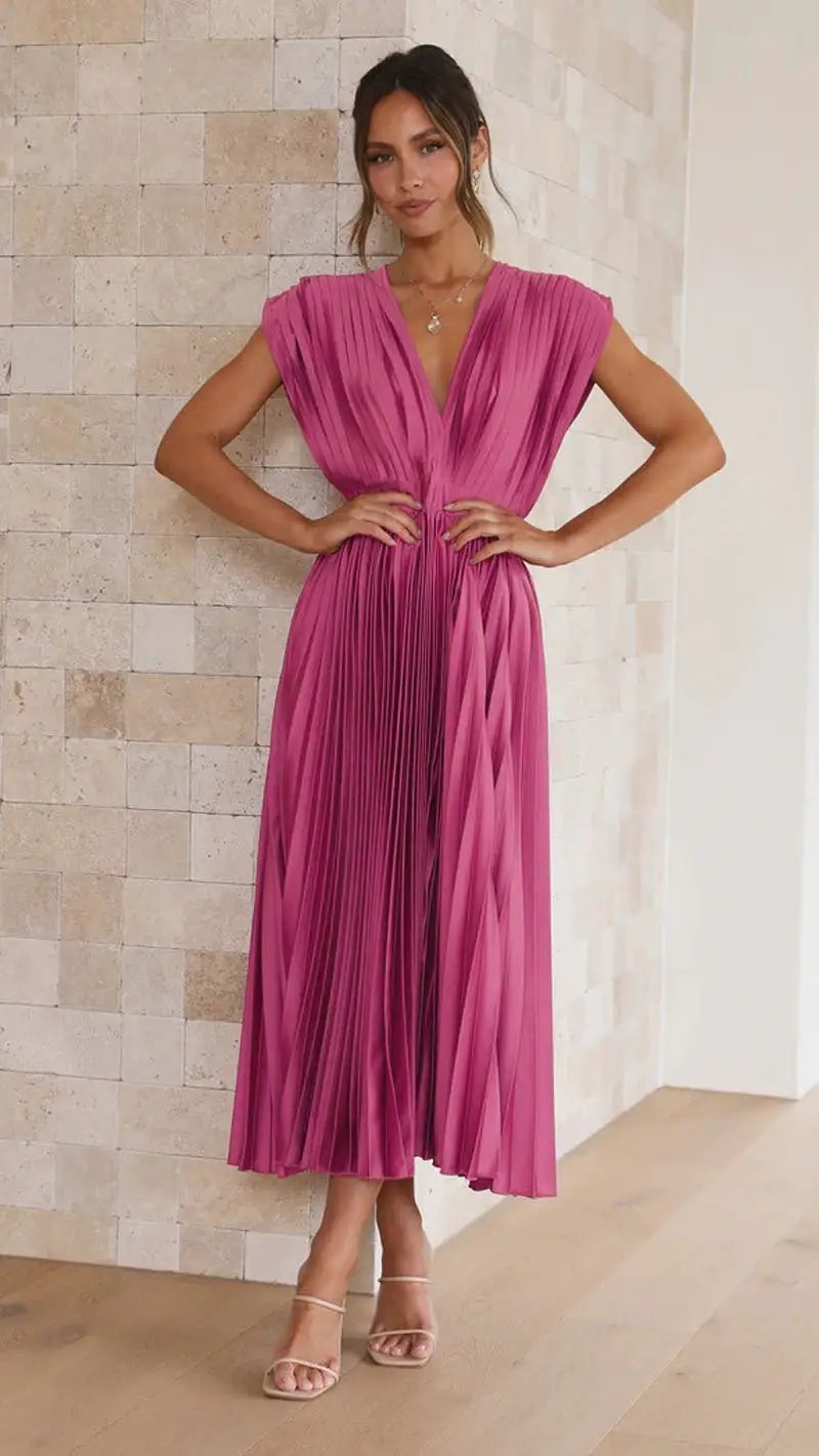 Spring Summer Sexy Pleated Dress Casual Loose Zip Sleeveless Dress by Wanita Store
