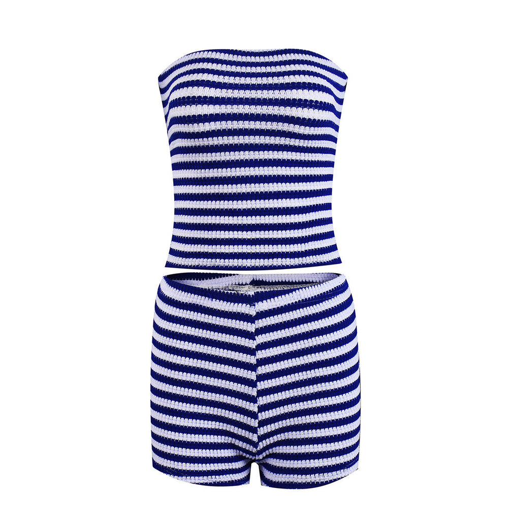 Women Clothing Internet Expert Bandeau Sexy Cropped Exposed Mixed Color Stripe Shorts Two Piece Sets