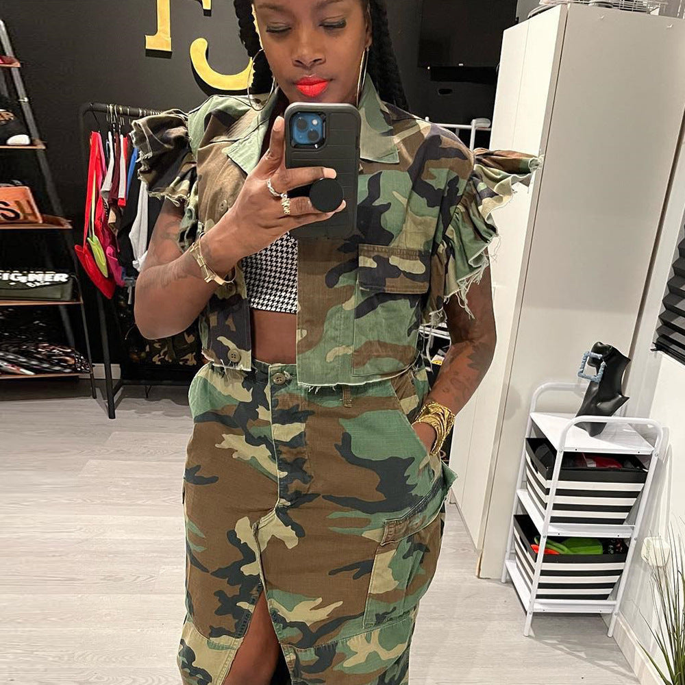 Camouflage Damen Kleidung Rüschenärmel Tasche Personalisierte Strickjacke Outdoor Kurzarm Damen Mantel