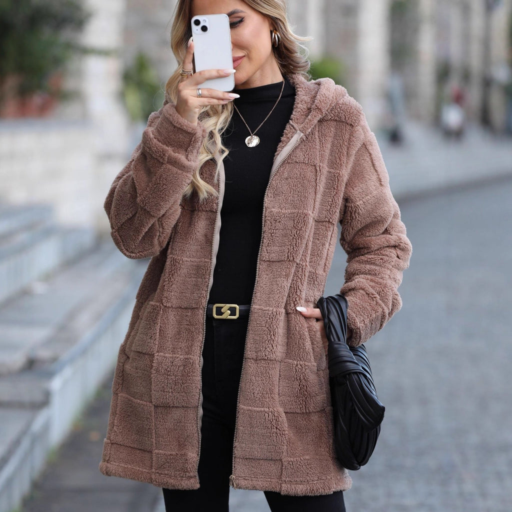 Herbst Winter Damenbekleidung Locker Kapuzenpullover Langer Cardigan Plüschmantel