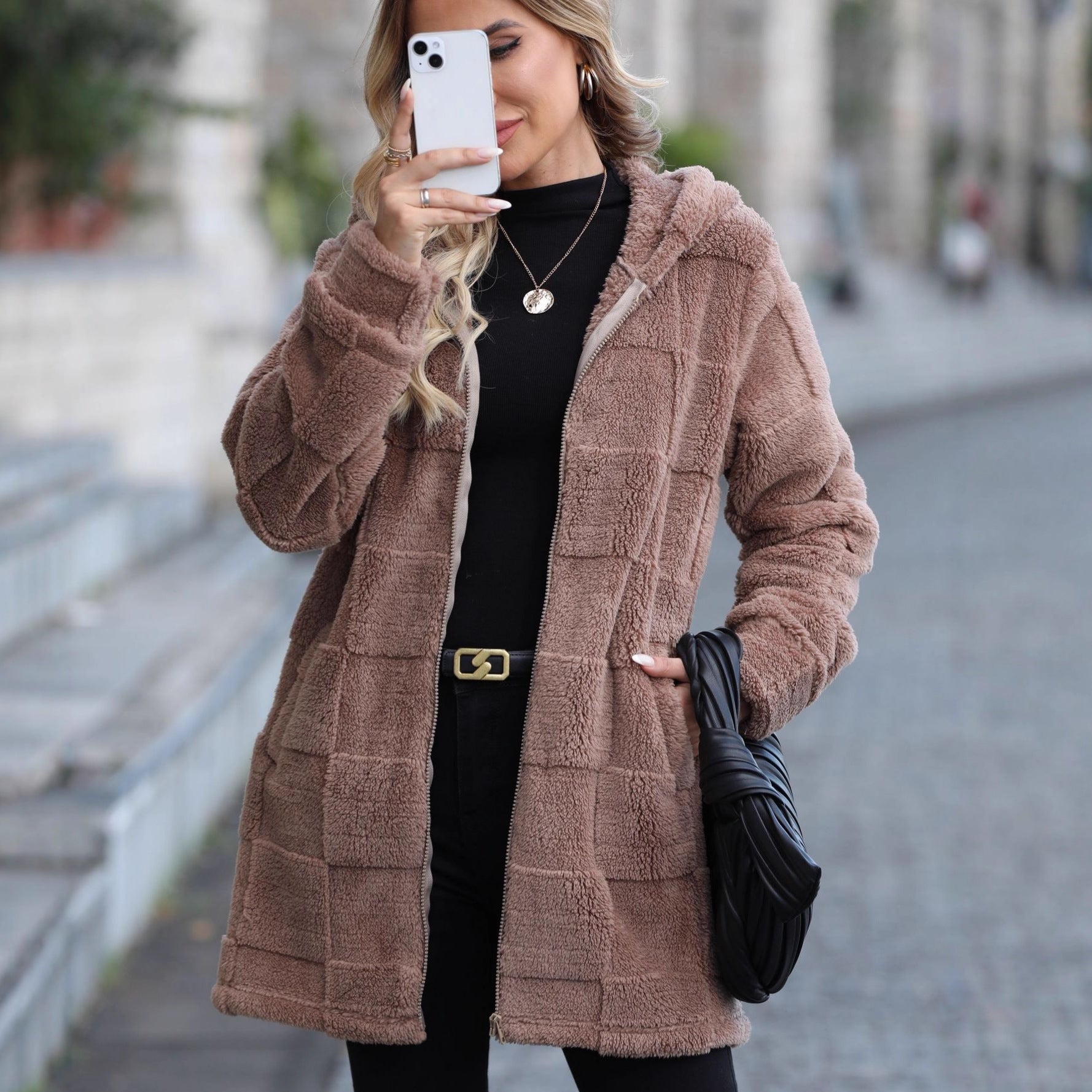 Herbst Winter Damenbekleidung Locker Kapuzenpullover Langer Cardigan Plüschmantel