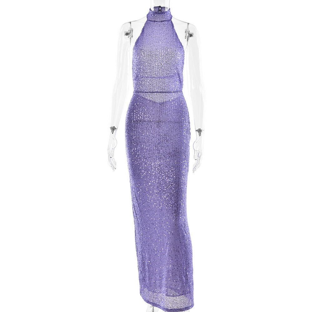 Sommer elegantes, schmales Damenkleid, sexy, rückenfreies, ärmelloses, paillettenbesetztes Etuikleid