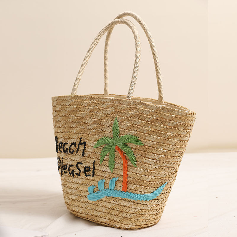 Kokosnuss-Stickerei Schulterstrohtasche Buchstaben Handtasche Gewebte Tasche Urlaub Strandtasche Große Kapazität Rattantasche