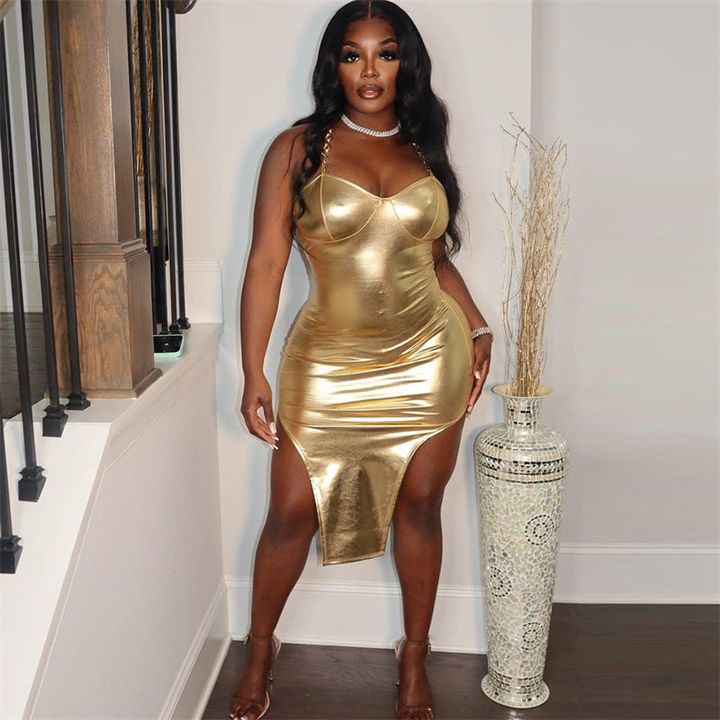 Damenkleidung Herbst Bronzing Farbe Tube Top Sexy Taille Eng Hüfttasche Unregelmäßiges Asymmetrisches Spaghettiträgerkleid Damen