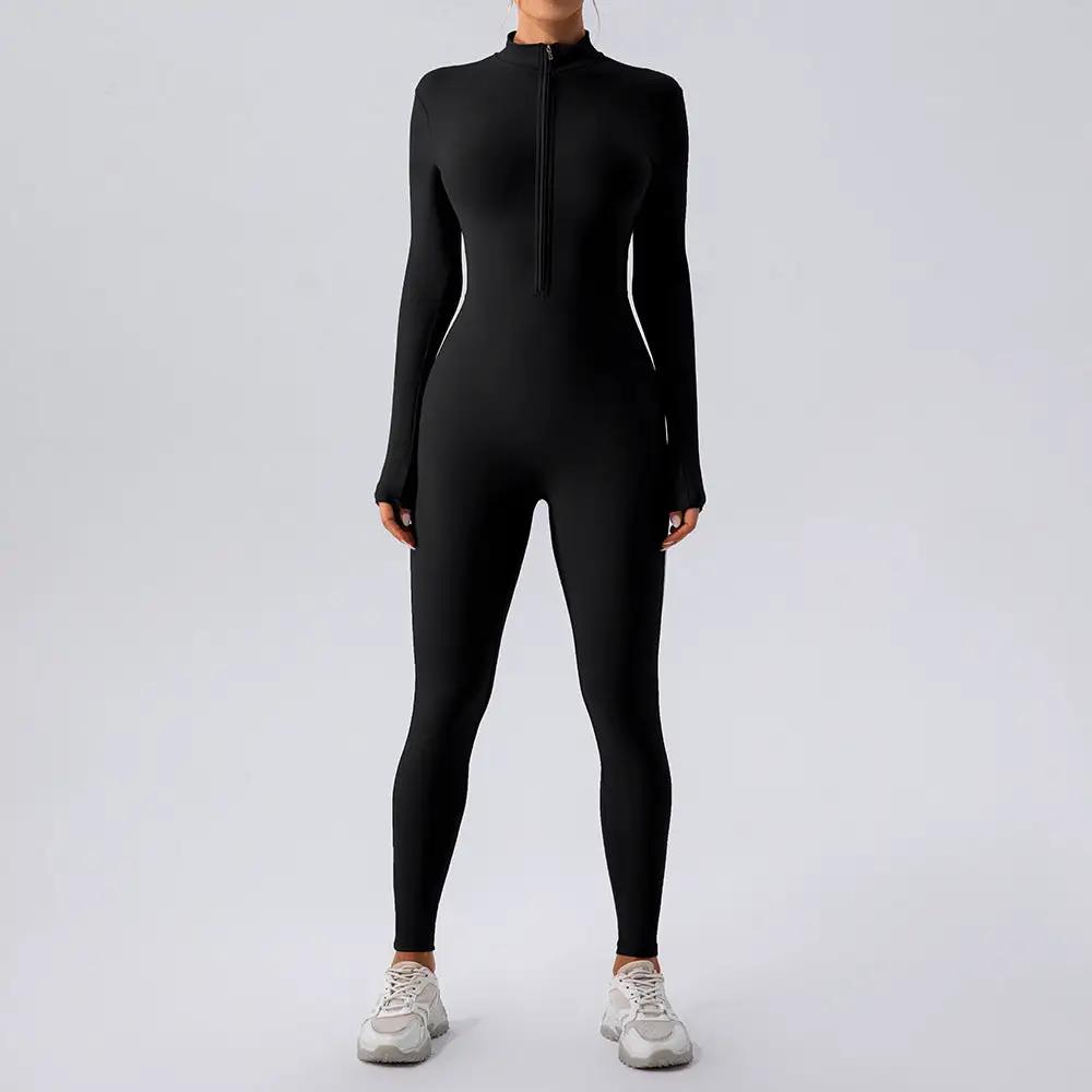 Zipper Nude Feel Long Sleeve Yoga Jumpsuit Women Sports Fitness Training Dance One Piece Bodysuit by Wanita Store