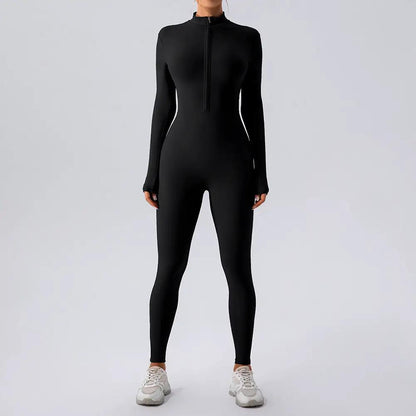 Zipper Nude Feel Long Sleeve Yoga Jumpsuit Women Sports Fitness Training Dance One Piece Bodysuit by Wanita Store