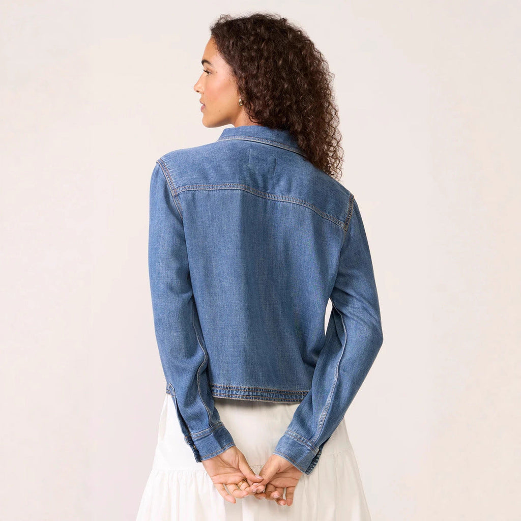 Women Clothing Casual Polo Collar V neck Pullover Denim Shirt