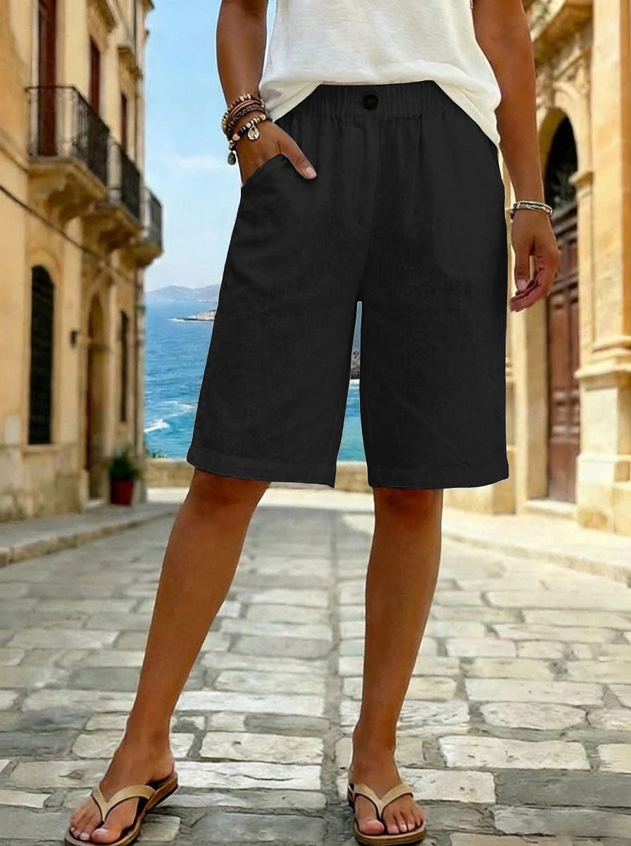 Women Faux Cotton Linen Shorts Summer Casual Everyday Mid Rise Solid Color Shorts