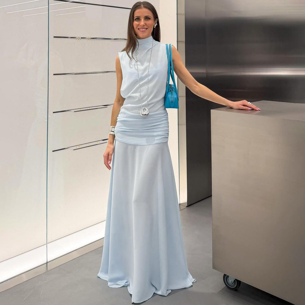 Spring Women Solid Color Slim Fit Elegant Graceful Stand Collar Sleeveless High Waist Sexy Dress